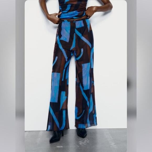Zara Pants - Zara Blue and Brown and Black PRINTED TULLE PANTS Size Large